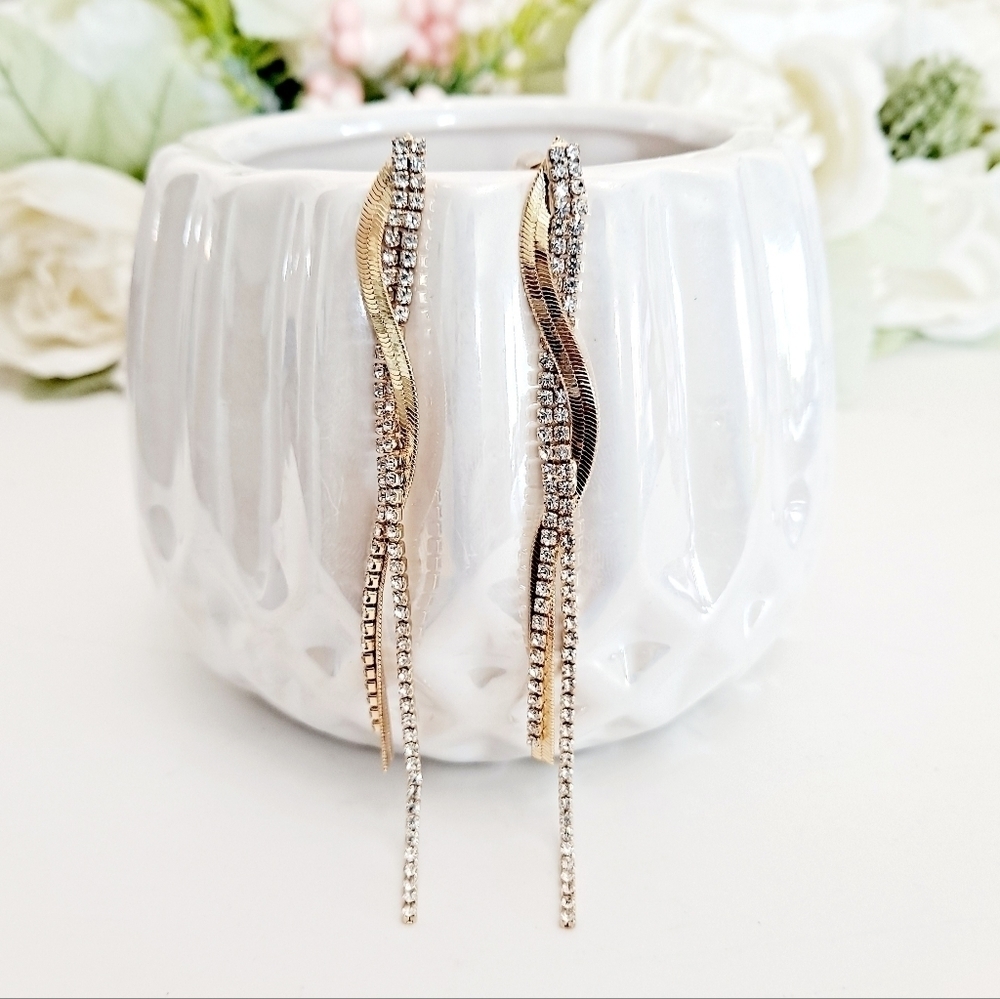 Gold Rhinestone long twist tassel Earrings Formal wedding guest Cocktail 💖2/$30
